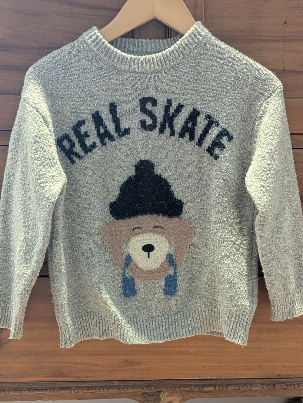 Zara Cream Teddy Bear 'Real Skate' Knit Sweater with Blue & Tan Accents